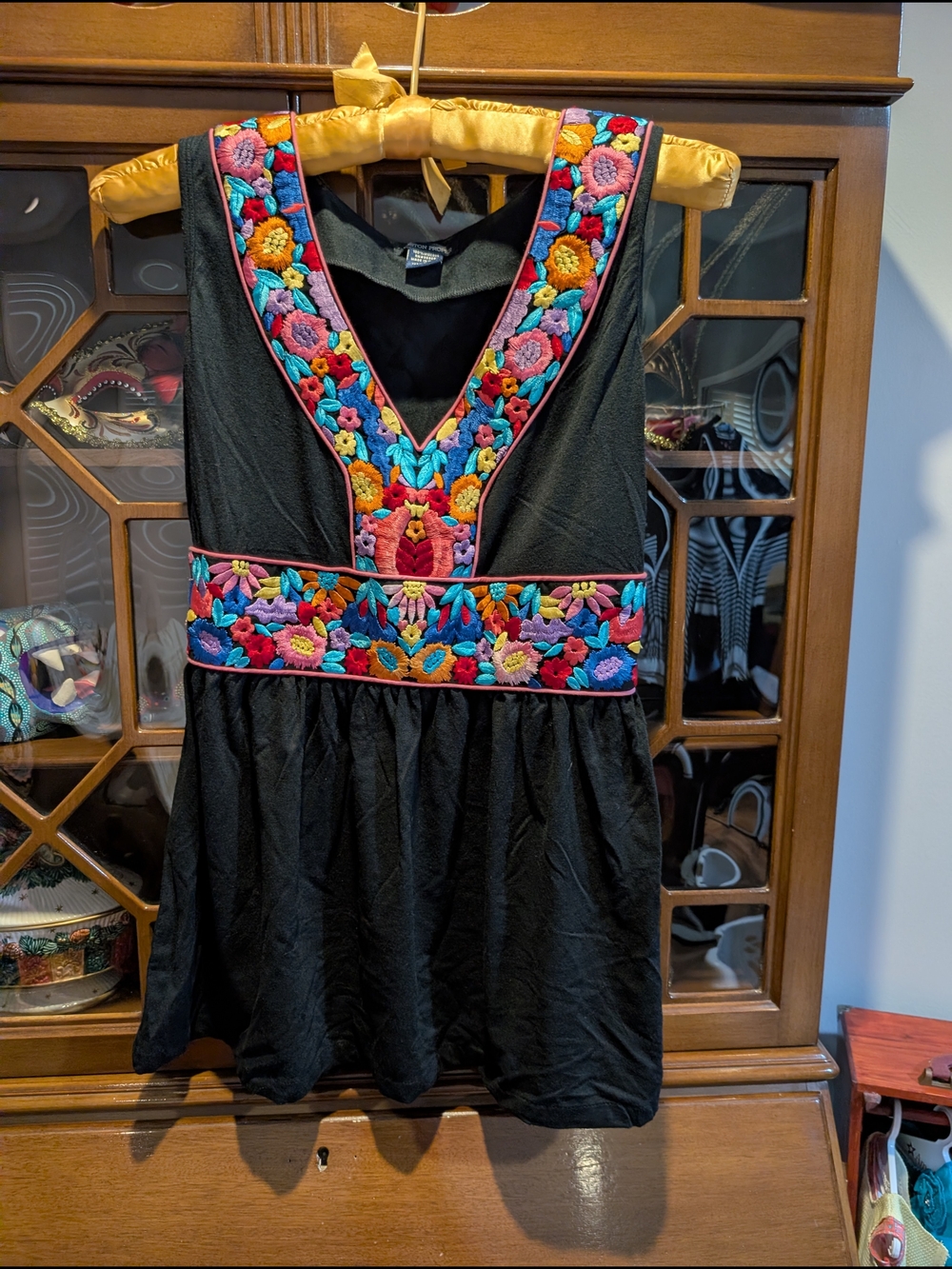 Boston Proper Black Dress with Colorful Embroidered Floral Trim – Size S